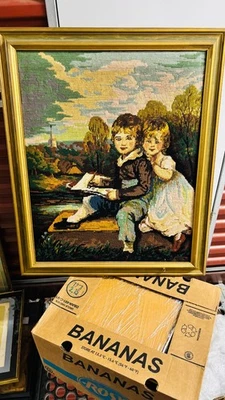 Marco bordado tapiz retrato niños hermanos punta aguja vintage 31x26 Foto 1 de 4