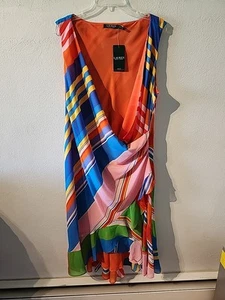 NWT Lauren RALPH LAUREN Overlay Chiffon Dress Plus Sz 18W Bright Striped Summer - Picture 1 of 6