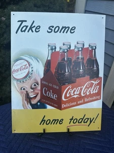 Vintage Coca-Cola Tin Metal Sign Retro Soda Pop Advertising Art Take Some Home - Picture 1 of 11