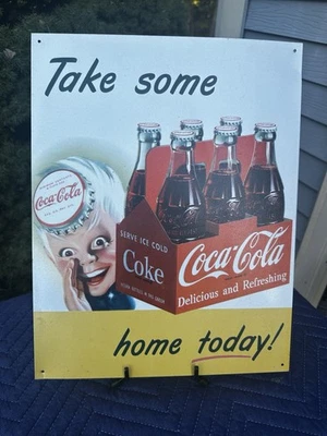 Vintage Coca-Cola Tin Metal Sign Retro Soda Pop Advertising Art Take Some Home - Image 1 of 4
