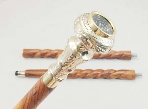 Mango de perilla de latón con brújula en la parte superior victoriano tallado a mano bastón de madera en espiral - Imagen 1 de 3