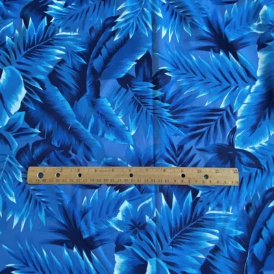 Blue Tropical Leaf Print Fabric Quilting Cotton 22x42 - Image 1 of 4