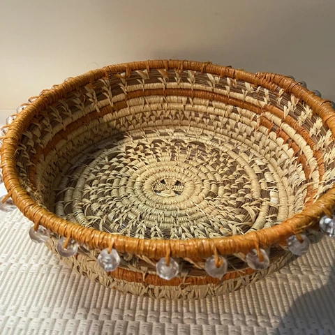 Hand Woven Coiled Basket With Beaded Edging Orange Accents Farmhouse Boho Decor Cover