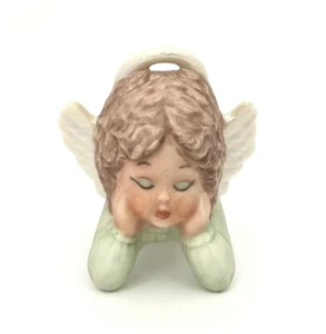 Vintage Porcelain Angel Figurine Green Gown Iridescent Wings - Picture 1 of 11