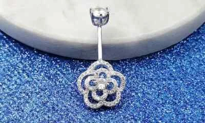 Piercing ombligo de plata 925 para mujer rosa flor ombligo anillo laboratorio diamante Foto 1 de 4