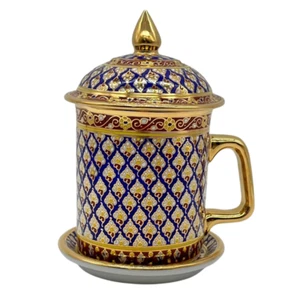 Gold Benjarong Thai Leaf Pottery gold leaf & handpainted teaset cup with a lid - Picture 1 of 9
