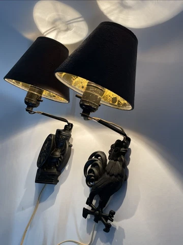 2 Vtg Cast Iron Wall Sconce Lamps Country Farmhouse Rooster Coffee Grinder Mill Cover