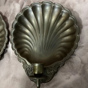 Lot 2 Vintage Big 14×11 Brass Copper Scallop Shell Wall Sconces Candle Holders!! - Picture 1 of 11