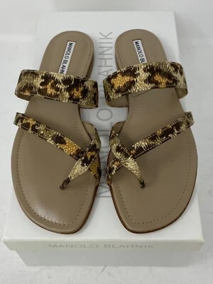 NUEVO EN CAJA Auténticas Sandalias Manolo Blahnik Beige Susa Estampado de Leopardo Deslizables Planas 37 Foto 1 de 4