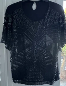 VERY TOP BLACK BEADED AND SEQUINED Blouse Top Size 16 - Picture 1 of 6
