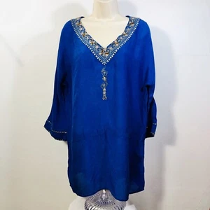 Blusa túnica J. Jill azul real cuentas doradas lentejuelas cuello en V textura suave talla “S” - Imagen 1 de 12