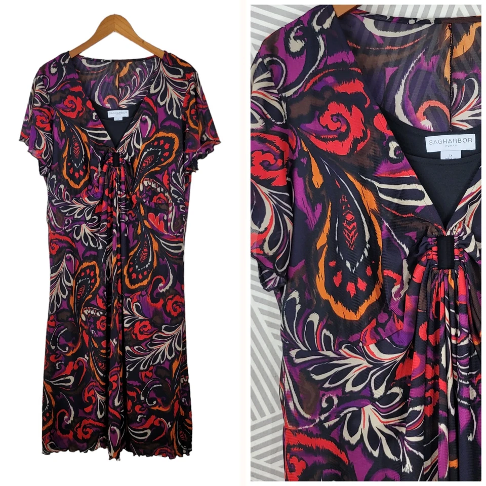 Sag Harbor Floral Mesh Dress Plus size 1X Cottagecore Layered Bright Stretch - Image 1 of 4