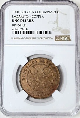 1901 50 Centavos Colombia Leper Colony -NGC UNC Detail (Brushed)- Lazareto NICE! - Image 1 of 4