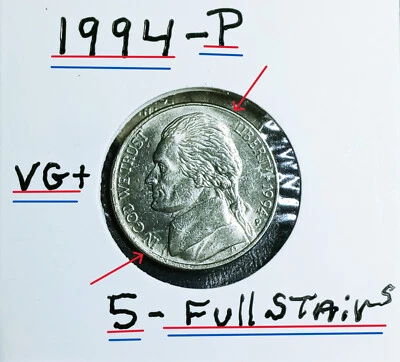 P Único Jefferson Nickel 1994 tiene 5 peldaños completos error golpeado fuera del centro en el obver Foto 1 de 4