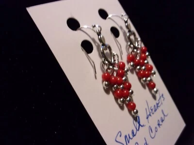 925 Natural Red Coral Small Hearts w/ Ball Hook Chandelier Earrings - Image 1 of 4