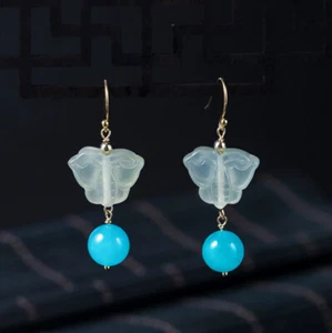 I04 Earring Silver 925 Gold Plated Butterflies Made Of White Jade - Imagen 1 de 9