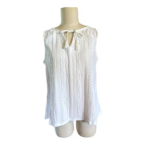 Cable & Gauge White Sleeveless Eyelet Lace Tie Neck Women's Top Size Large - Picture 1 of 5