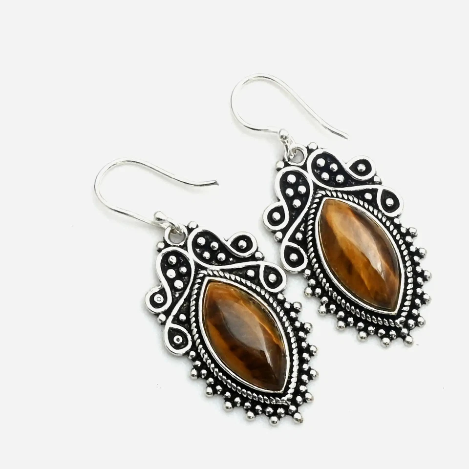 Pendientes colgantes hechos a mano con piedras preciosas ojo de tigre joyas para mujer 1,8" AE-11015 Foto 1 de 1