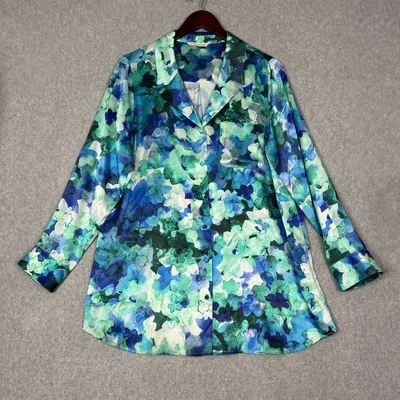 Soft Surroundings Sz Large Blue Teal Floral Watercolor Long Sleeve Button Tunic - Image 1 of 4