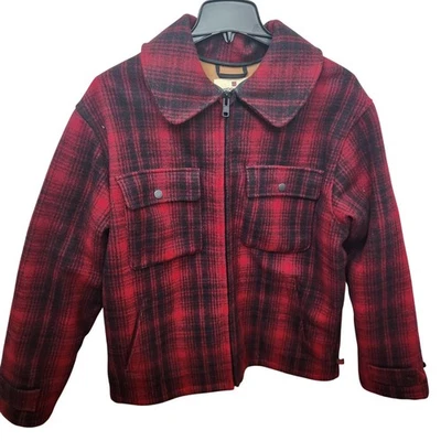 Woolrich Mens Large Plaid Wool Zip Jacket Red Black Lumberjack Barn Chore Coat - Image 1 of 4