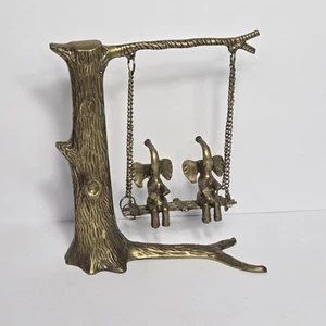 Par de elefantes de latón en árbol columpio 9"x8" hecho en la India tronco leer descripción - Imagen 1 de 22