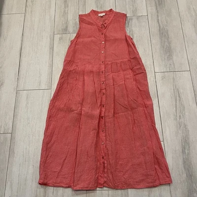 Vestido Eileen Fisher para mujer pequeño guinga lino abotonado sin mangas rojo Foto 1 de 4