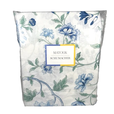 Matouk Schumaker Queen Sheet Set Linen MSC037 Simone Floral Blue Green White - Image 1 of 4