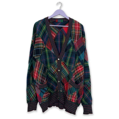 Cardigan Ermanno Vintage 15% Lino Rojo Y Azul A Fantasía A Cuadros Con Botones - Imagen 1 de 4