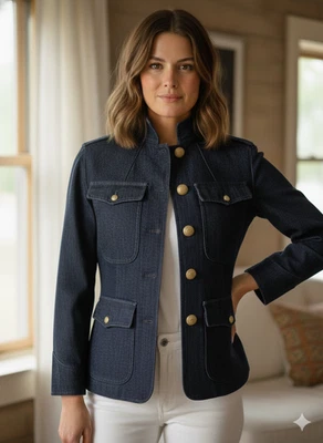 Новый с Ярлыками Lauren Ralph Lauren джинсовой ткани военная куртка офицер золотой пуговицы темно стирка P/M - Изображение 1 из 4