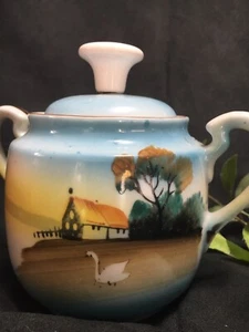 Vintage Japan Hand Painted Sugar Bowl W/ Lid Double Handles Pastoral Scene - Picture 1 of 7