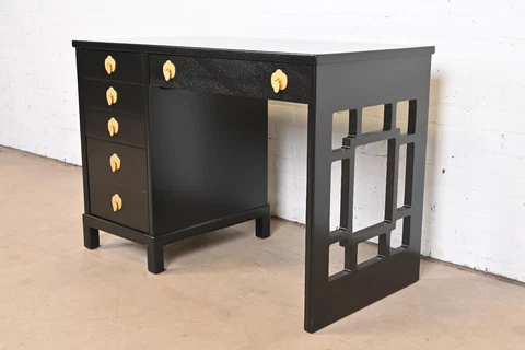 Landstrom Mid-Century Modern Hollywood Regency Black Lacquered Writing Desk Cover