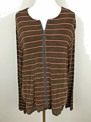 Citiknits Womens Jacket Brown Pink Stripes Zip Up Scoop Neck Knit Top Large  - Image 1 of 4