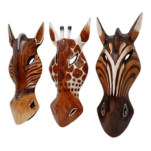 Giraffe Horse Wood Mask Animal Safari Hand Carving Wall Decor 10 in Set02 - Picture 1 of 13