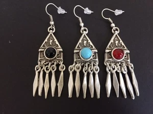 Silver Triangle Turkish Ottoman Diamond Tassel Black Turquoise Gemstone Earrings - Picture 1 of 1