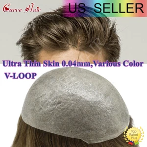 Mens Toupee Ultra Thin Skin Hair Replacement System Invisible V-Loop Hair Piece - Picture 1 of 91