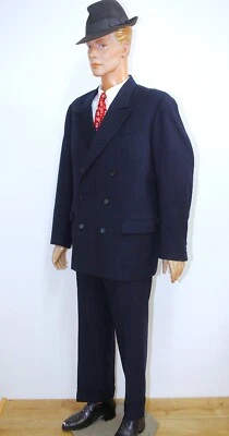Traje Chaqueta Francesa Años 50 2 Piezas Doble Pecho Azul Lana A Medida L Pantalones 30x29 Foto 1 de 4