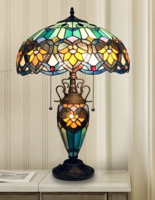 Lámpara de mesa de escritorio de vitral estilo Tiffany doble iluminación diseño victoriano pantalla Foto 1 de 4