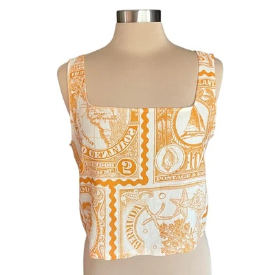 Artlier Nicole Miller Linen Blend Crop Top LG Postal Print Smocked Back Travel - Image 1 of 4