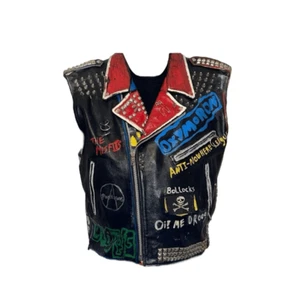 Men’s Motorcycle Leather Vest Graffiti Studded sz50 - Picture 1 of 14