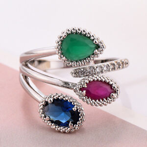 Special Gift Mulit 3 Color Emerald Rose London Blue Topaz Silver Adjustable Ring