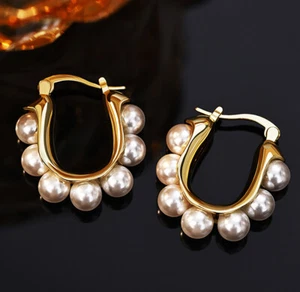 Mode Ohrringe Gold plattiert Perlenschmuck Lovely Hoop Earrings für Frauen Mädch - Bild 1 von 23