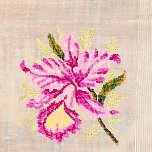 Antique Pink Orchid Embroidered Hawaiian Flower Romantic White Handkerchief Vtg - Picture 1 of 15