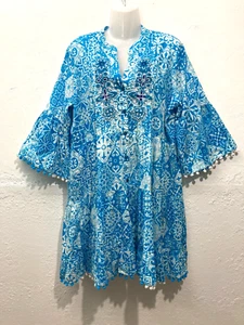 Abito Siya con bottoni a strati floreale con perline pom orlo boho cottagecore blu L? - Foto 1 di 15