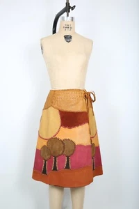 Vintage 70s Char Floral Patchwork Suede Skirt Handmade Floral Hippie Boho - Picture 1 of 5