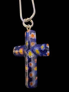 Blue Red Yellow Floral Murano STYLE Cross Glass Pendant On Silver Tone Chain Z10 - Picture 1 of 5