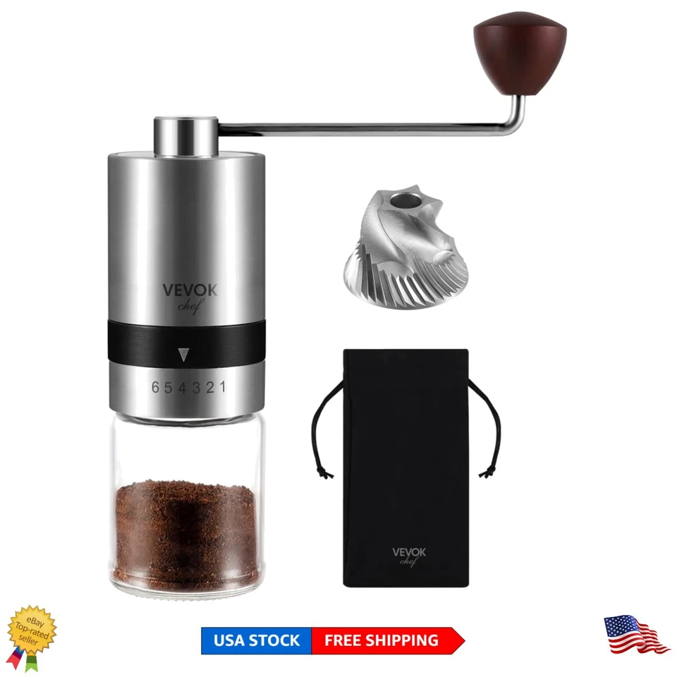 Vevok Chef Manual Conical Burr Coffee Grinder 6 Adjustable Settings Stainless