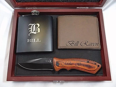 Juego de regalo de padrinos de boda caja cuchillo plegable mango de madera frasco cuero billetera padrino Foto 1 de 2