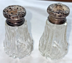Antique Crystal Glass Salt and Pepper Shakers American Sterling Silver Lids - Picture 1 of 8
