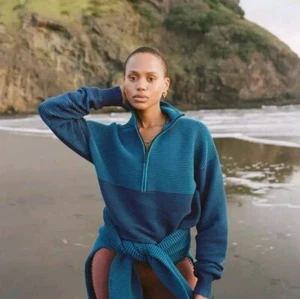 NAGNATA Zhen Zip Thru Sweater in Teal Size M Organic Cotton Rib Relaxed Fit - Picture 1 of 13