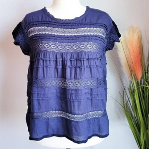 Sundance, New, Aria Navy Blue Lace Short Sleeve Cotton Shirt Size Small Petite - Picture 1 of 11